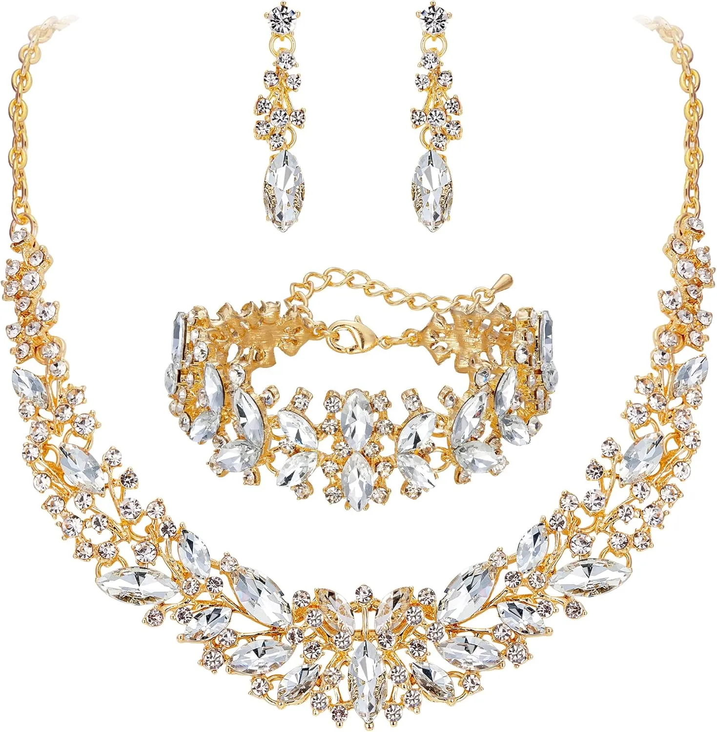 BriLove Women's Wedding Bridal Austrian Crystal Marquise Cluster Collar Necklace Dangle Earrings Set