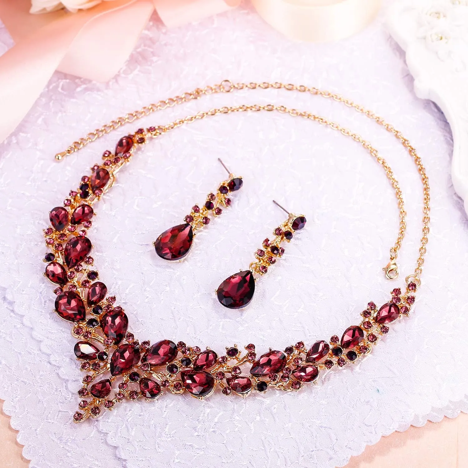 BriLove Women's Wedding Bridal Austrian Crystal Teardrop Cluster Statement Necklace Dangle Earrings Jewelry Set