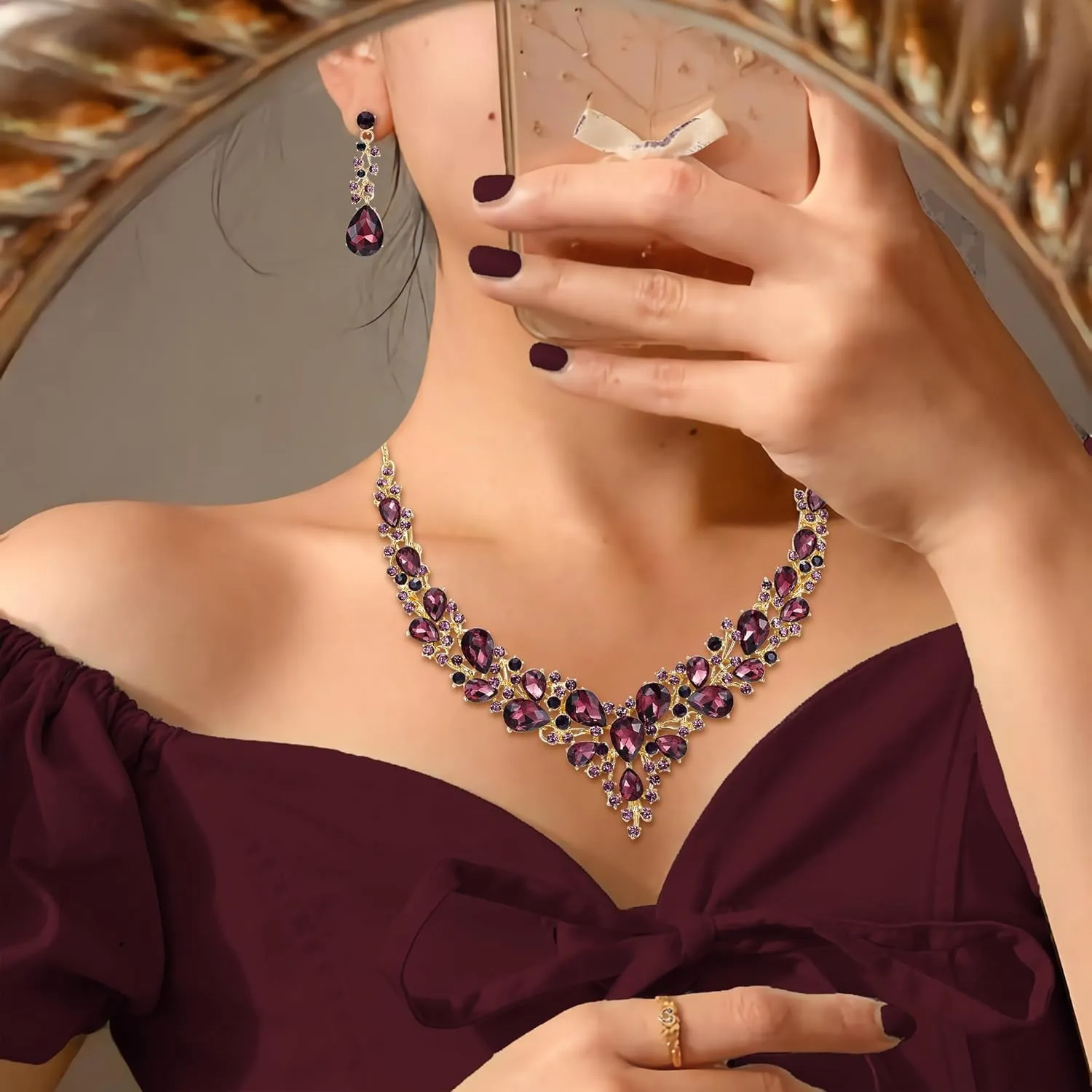 BriLove Women's Wedding Bridal Austrian Crystal Teardrop Cluster Statement Necklace Dangle Earrings Jewelry Set