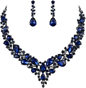 BriLove Women's Wedding Bridal Austrian Crystal Teardrop Cluster Statement Necklace Dangle Earrings Jewelry Set