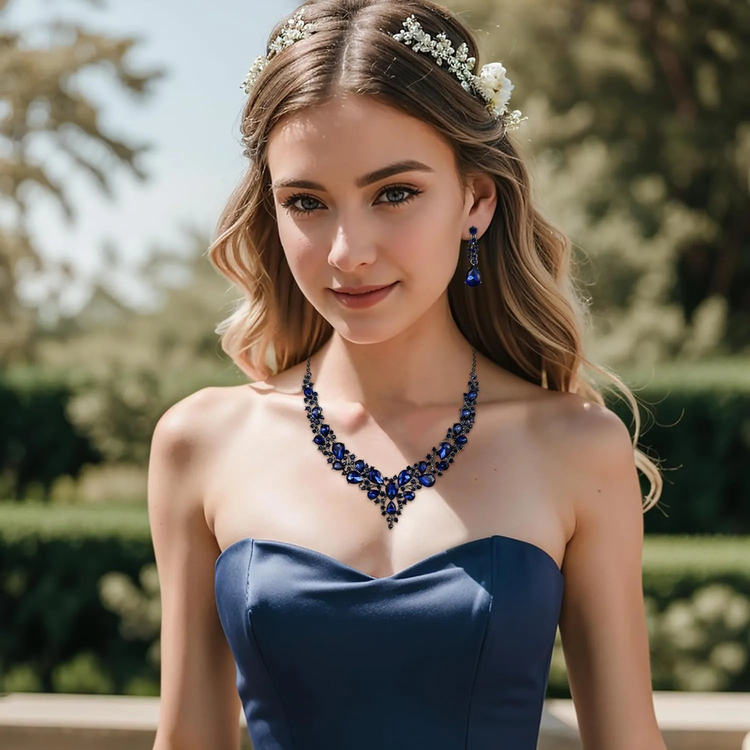 BriLove Women's Wedding Bridal Austrian Crystal Teardrop Cluster Statement Necklace Dangle Earrings Jewelry Set