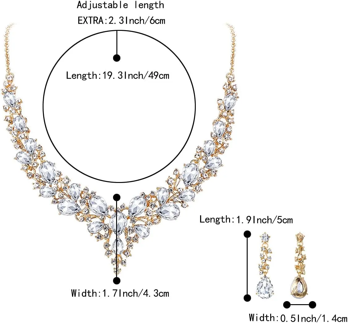 BriLove Women's Wedding Bridal Austrian Crystal Teardrop Cluster Statement Necklace Dangle Earrings Jewelry Set