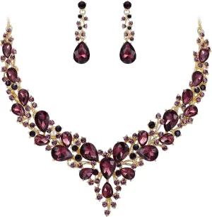 BriLove Women's Wedding Bridal Austrian Crystal Teardrop Cluster Statement Necklace Dangle Earrings Jewelry Set