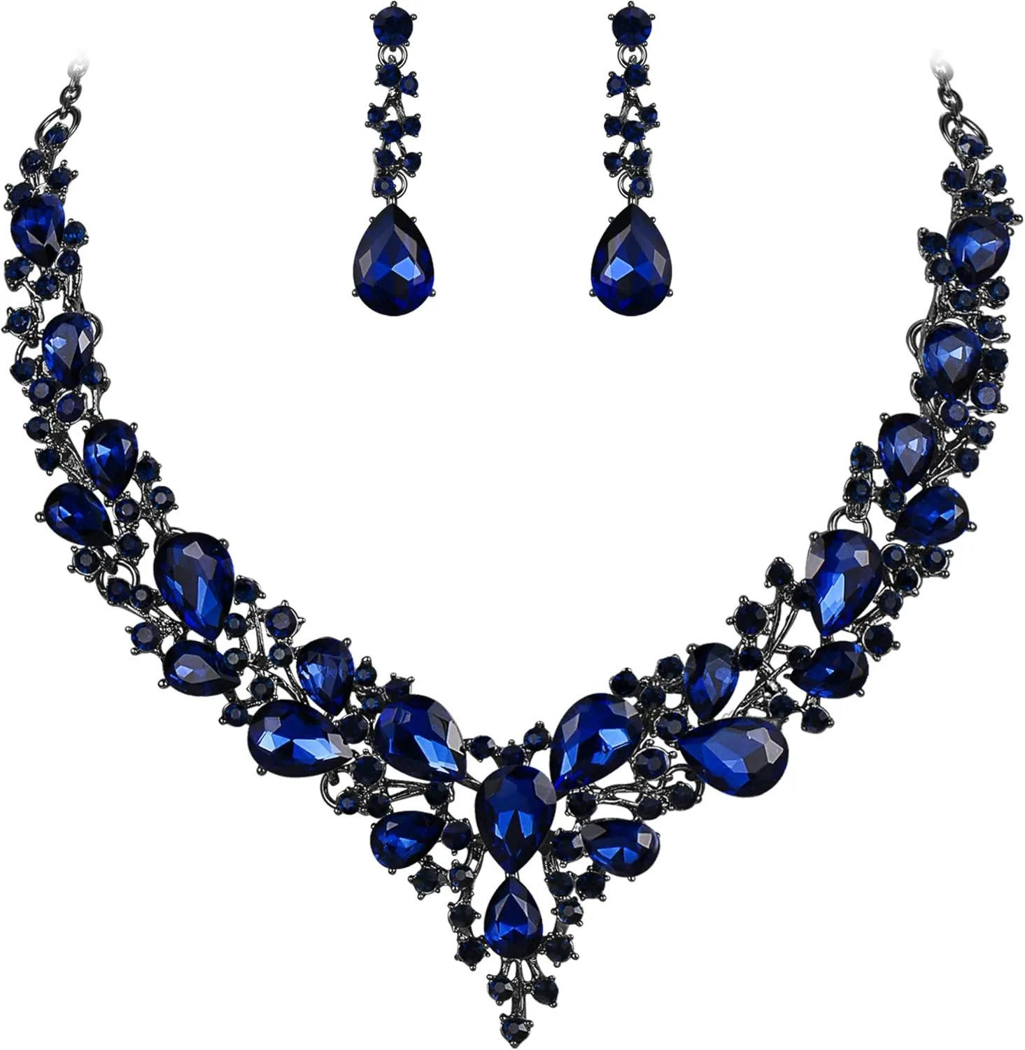 BriLove Women's Wedding Bridal Austrian Crystal Teardrop Cluster Statement Necklace Dangle Earrings Jewelry Set