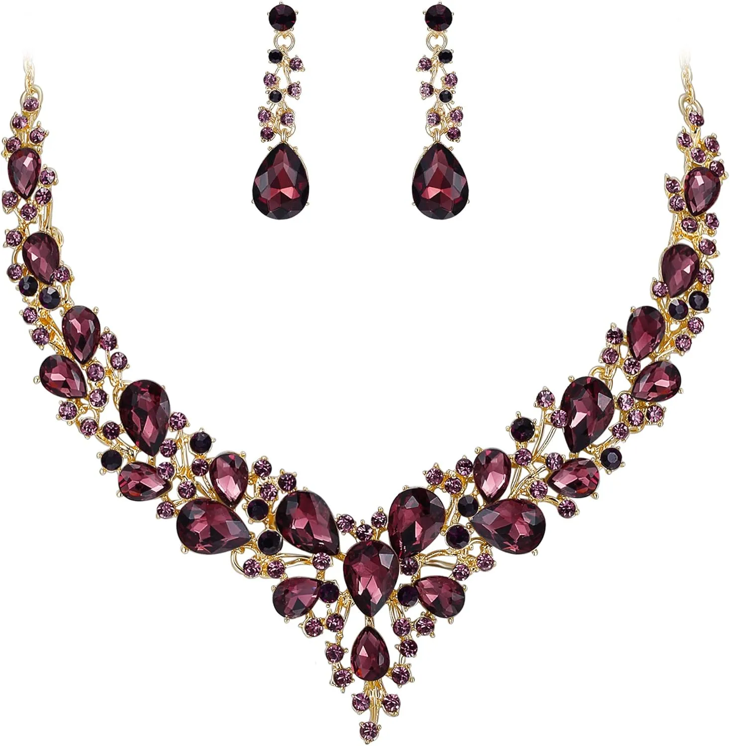 BriLove Women's Wedding Bridal Austrian Crystal Teardrop Cluster Statement Necklace Dangle Earrings Jewelry Set