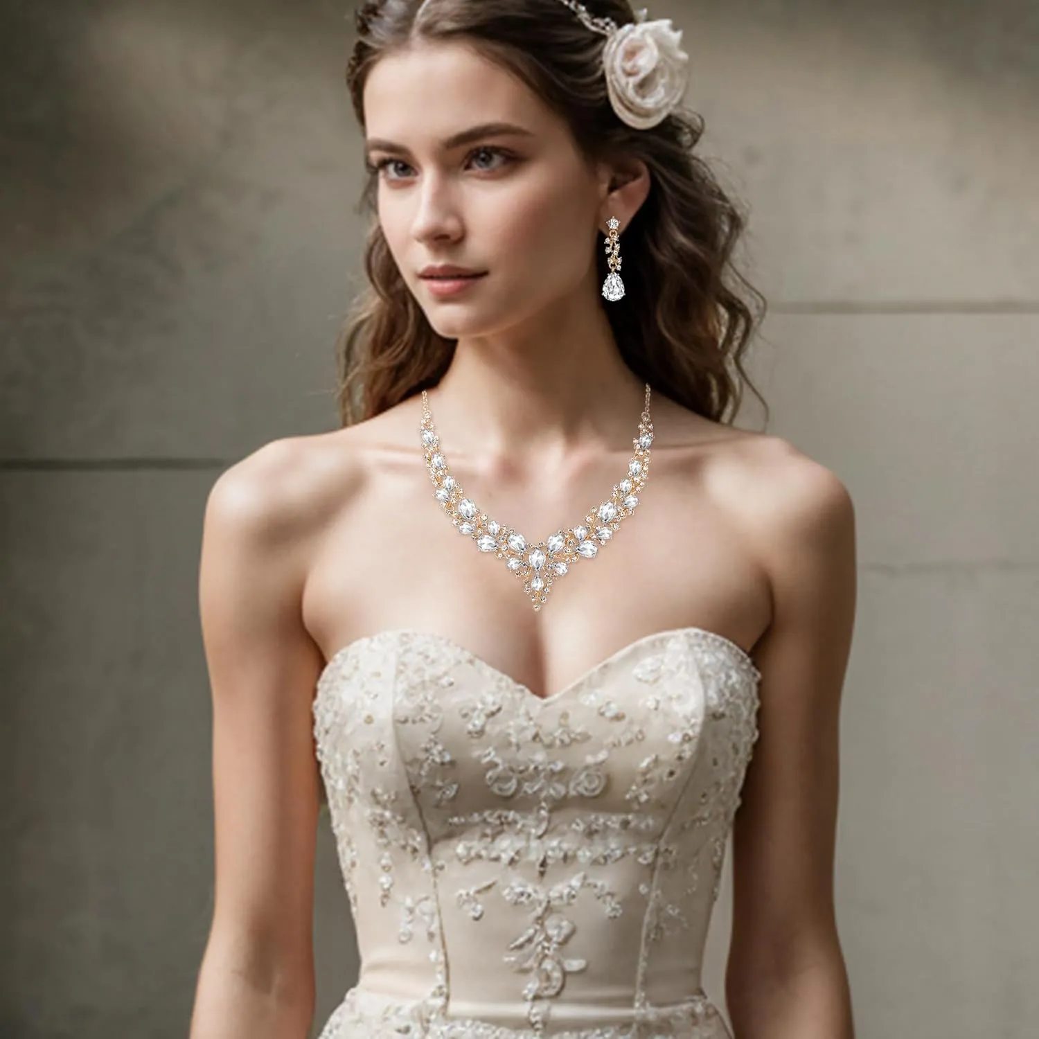 BriLove Women's Wedding Bridal Austrian Crystal Teardrop Cluster Statement Necklace Dangle Earrings Jewelry Set