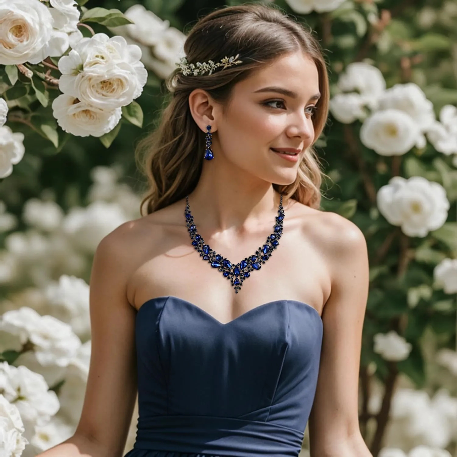 BriLove Women's Wedding Bridal Austrian Crystal Teardrop Cluster Statement Necklace Dangle Earrings Jewelry Set