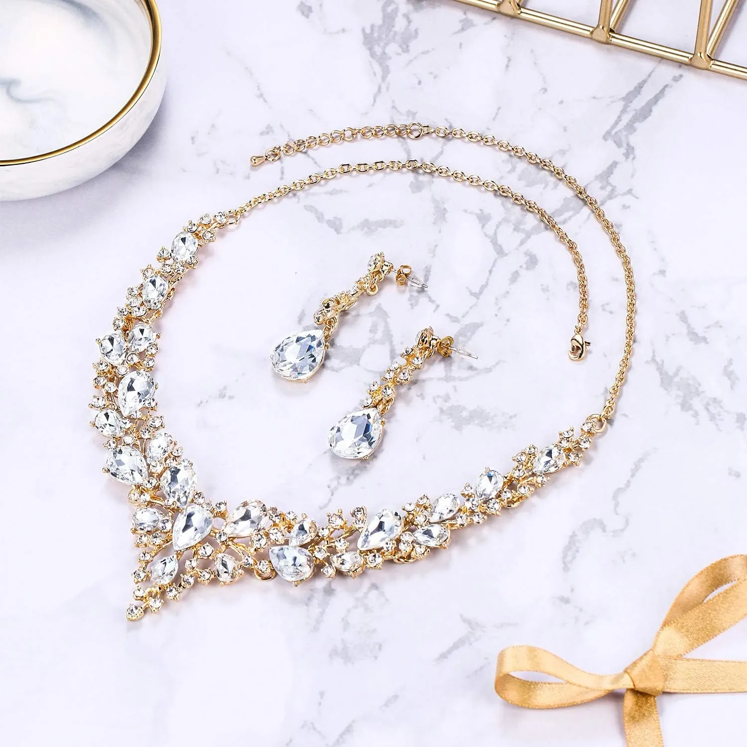 BriLove Women's Wedding Bridal Austrian Crystal Teardrop Cluster Statement Necklace Dangle Earrings Jewelry Set