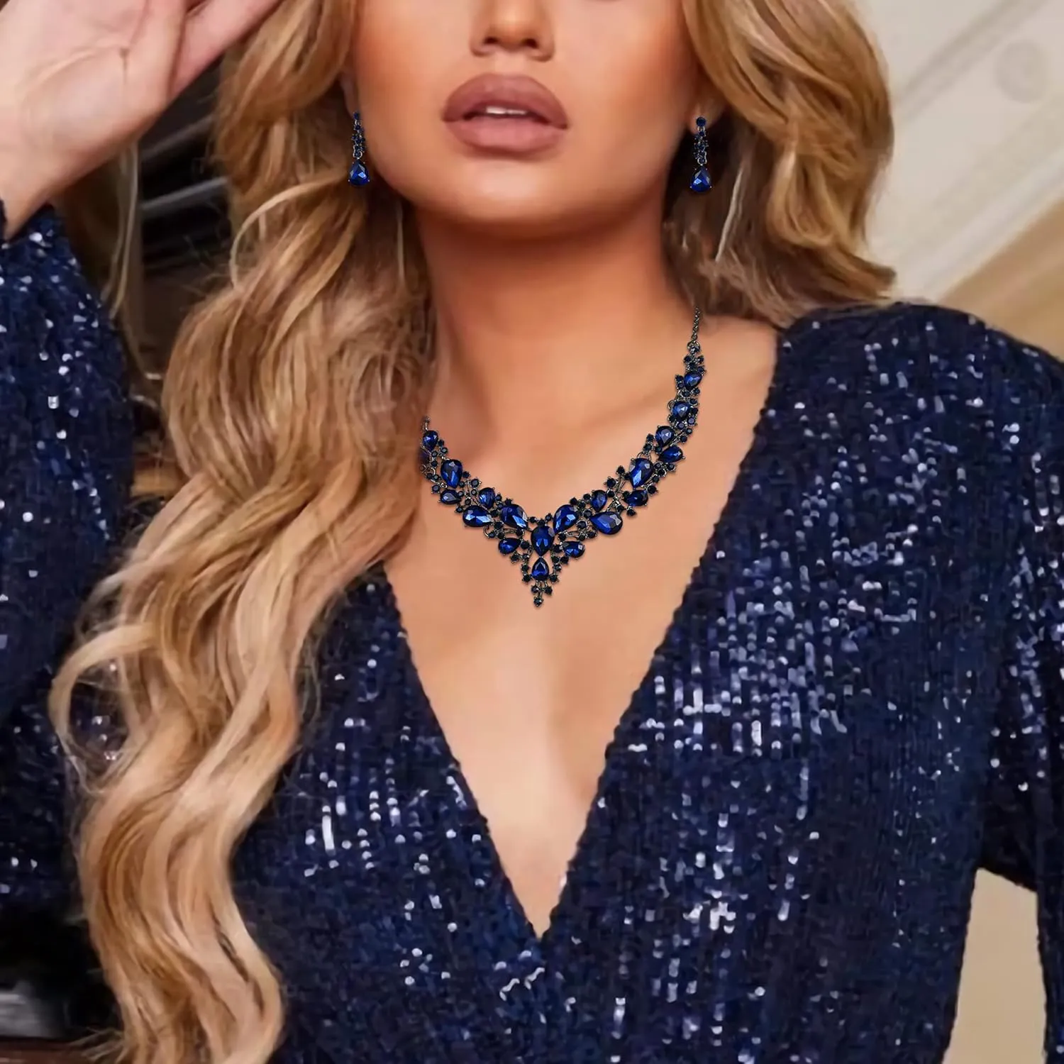 BriLove Women's Wedding Bridal Austrian Crystal Teardrop Cluster Statement Necklace Dangle Earrings Jewelry Set