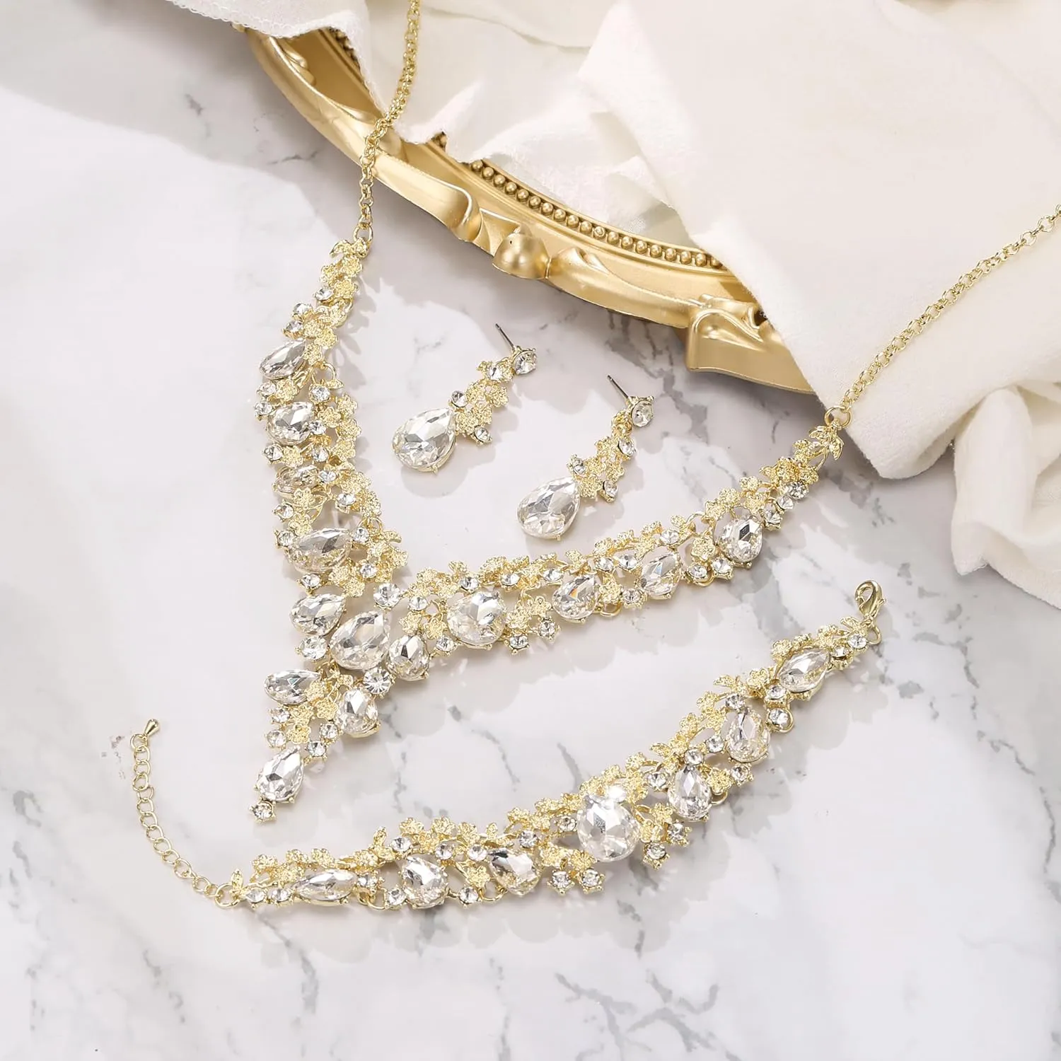 BriLove Women's Wedding Bridal Austrian Crystal Teardrop Flower Cluster Statement Necklace Dangle Earrings Jewelry Set for Party Prom