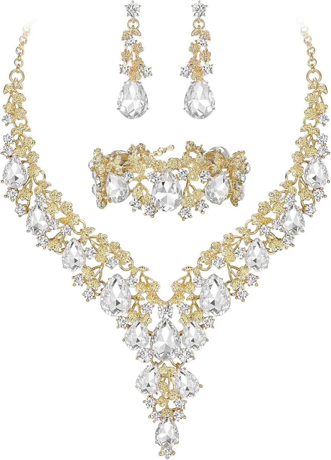 BriLove Women's Wedding Bridal Austrian Crystal Teardrop Flower Cluster Statement Necklace Dangle Earrings Jewelry Set for Party Prom