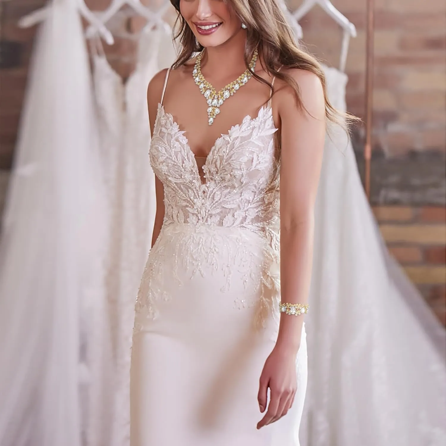 BriLove Women's Wedding Bridal Austrian Crystal Teardrop Flower Cluster Statement Necklace Dangle Earrings Jewelry Set for Party Prom