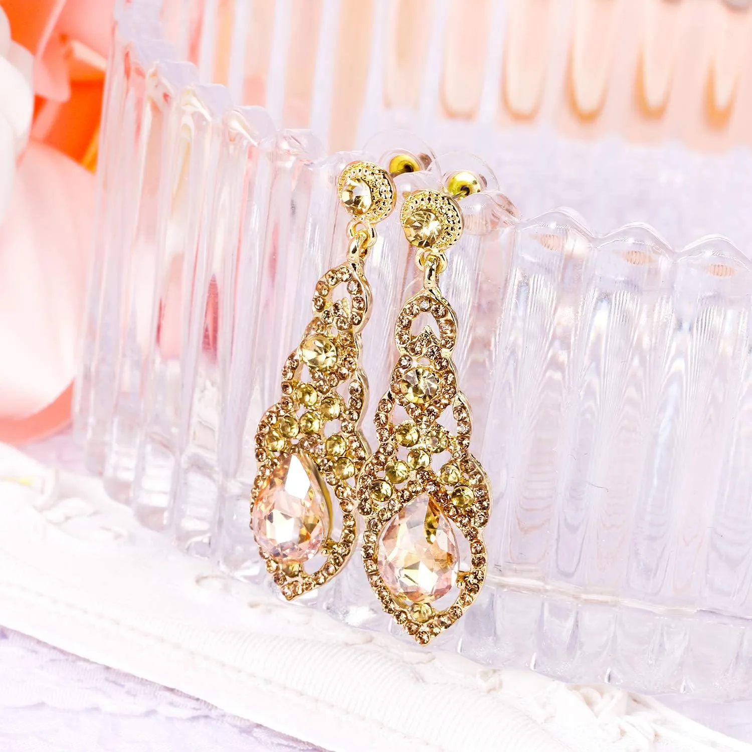 BriLove Women's Wedding Bridal Crystal Art Deco Teardrop Hollow Chandelier Dangle Earrings