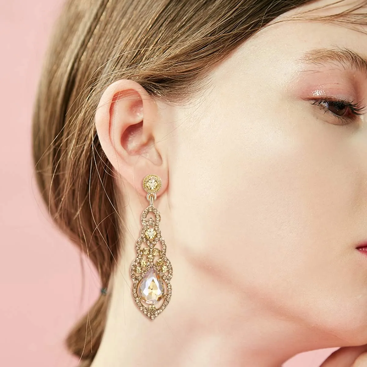 BriLove Women's Wedding Bridal Crystal Art Deco Teardrop Hollow Chandelier Dangle Earrings