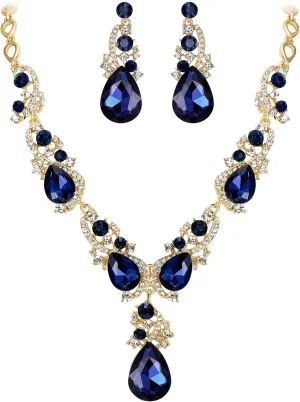 BriLove Women's Wedding Bridal Crystal Multi Teardrop Cluster Statement Necklace Dangle Earrings Set