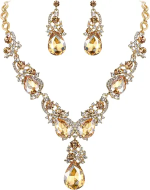 BriLove Women's Wedding Bridal Crystal Multi Teardrop Cluster Statement Necklace Dangle Earrings Set