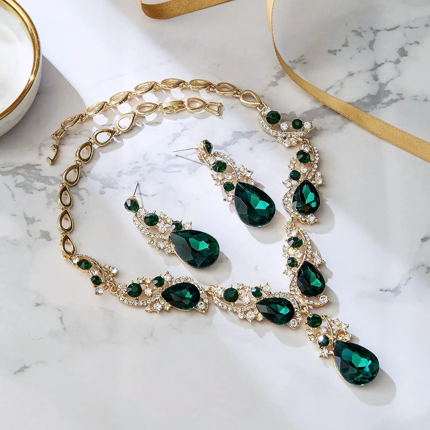 BriLove Women's Wedding Bridal Crystal Multi Teardrop Cluster Statement Necklace Dangle Earrings Set
