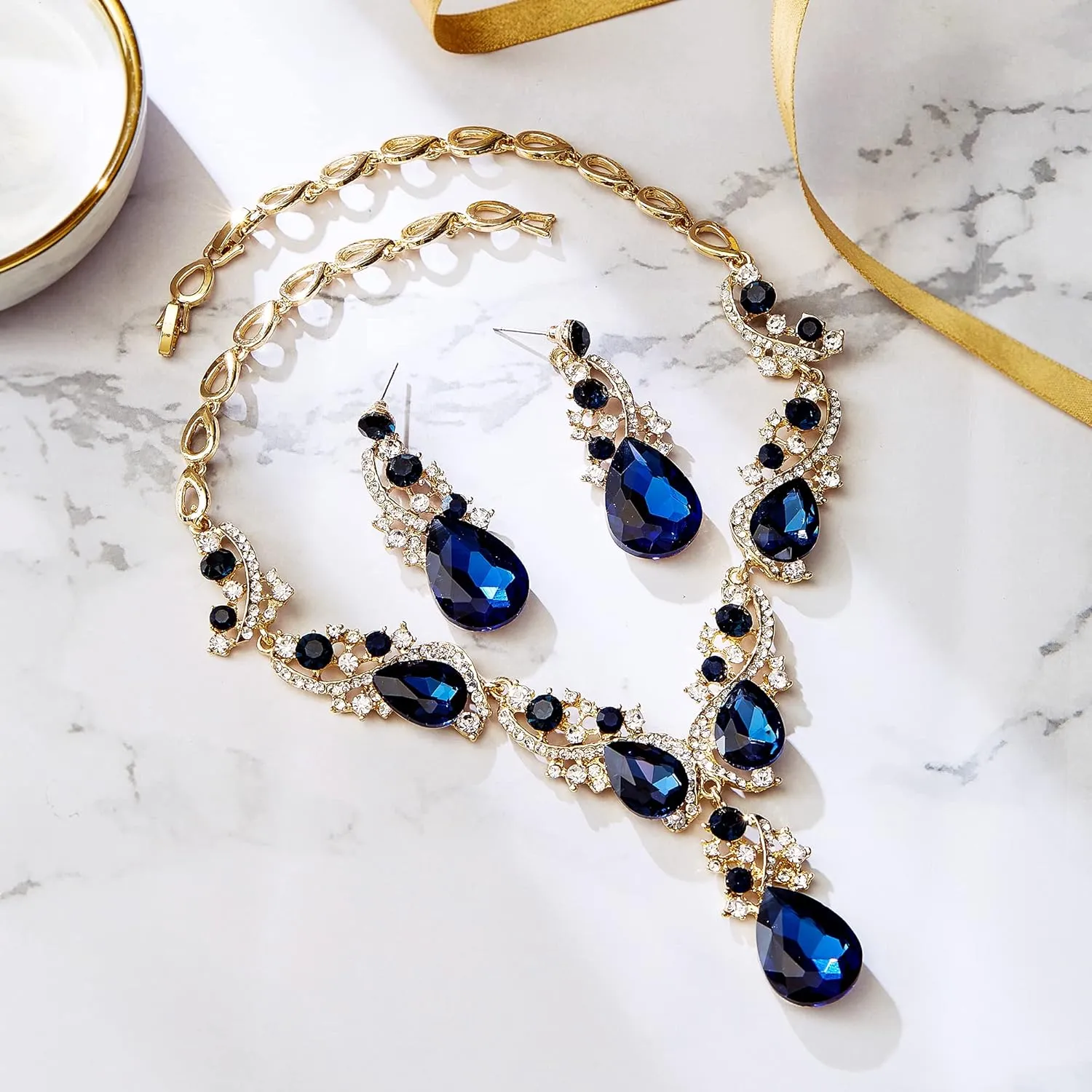 BriLove Women's Wedding Bridal Crystal Multi Teardrop Cluster Statement Necklace Dangle Earrings Set