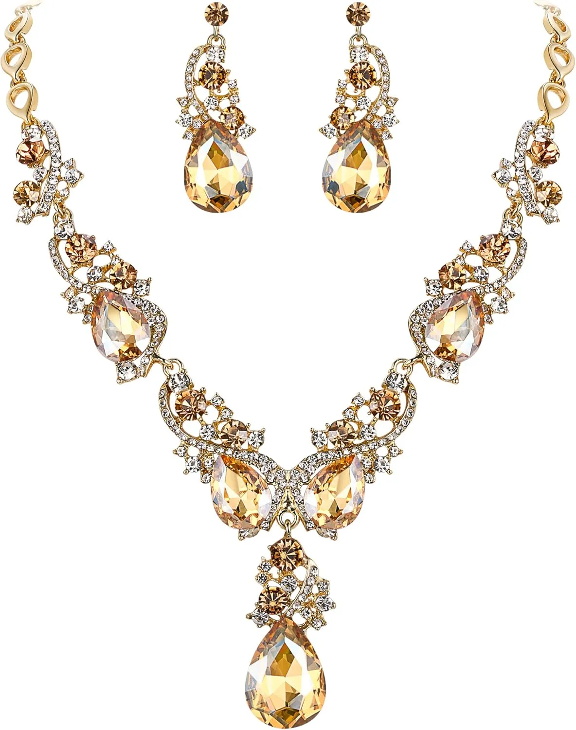 BriLove Women's Wedding Bridal Crystal Multi Teardrop Cluster Statement Necklace Dangle Earrings Set