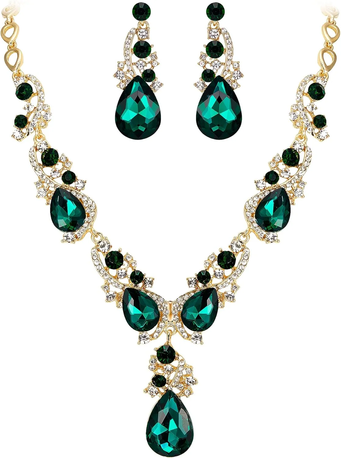 BriLove Women's Wedding Bridal Crystal Multi Teardrop Cluster Statement Necklace Dangle Earrings Set