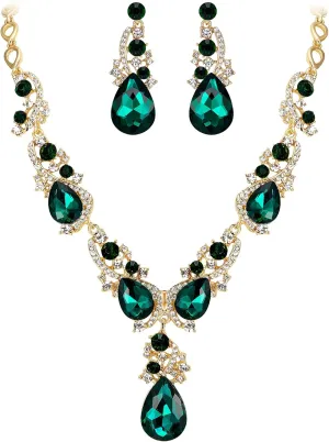 BriLove Women's Wedding Bridal Crystal Multi Teardrop Cluster Statement Necklace Dangle Earrings Set