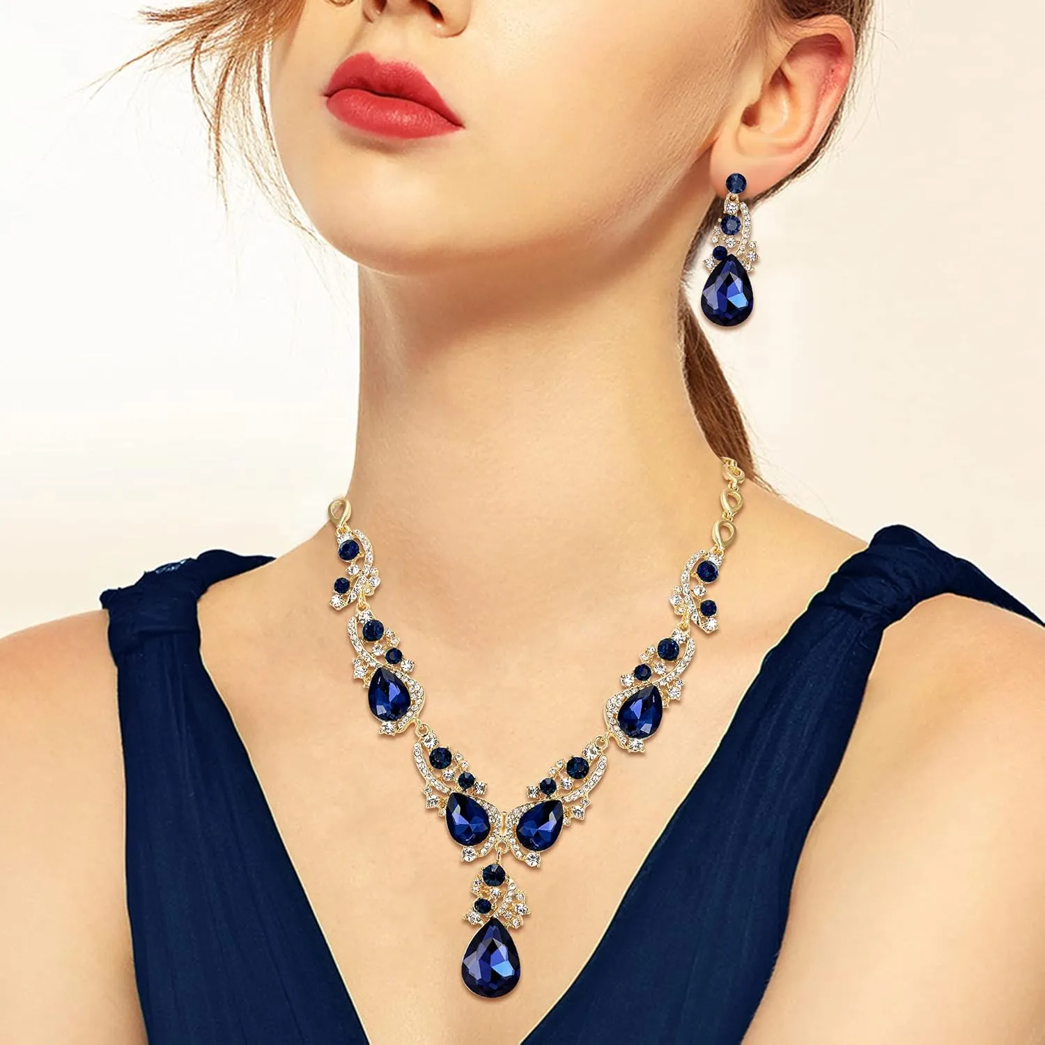 BriLove Women's Wedding Bridal Crystal Multi Teardrop Cluster Statement Necklace Dangle Earrings Set