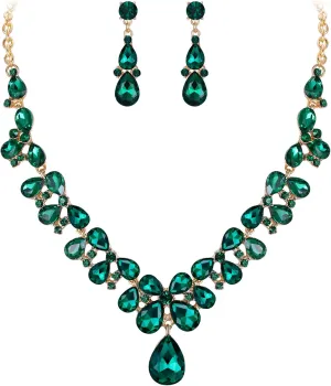 BriLove Women's Wedding Bridal Crystal Teardrop Cluster Statement Necklace Dangle Earrings Set