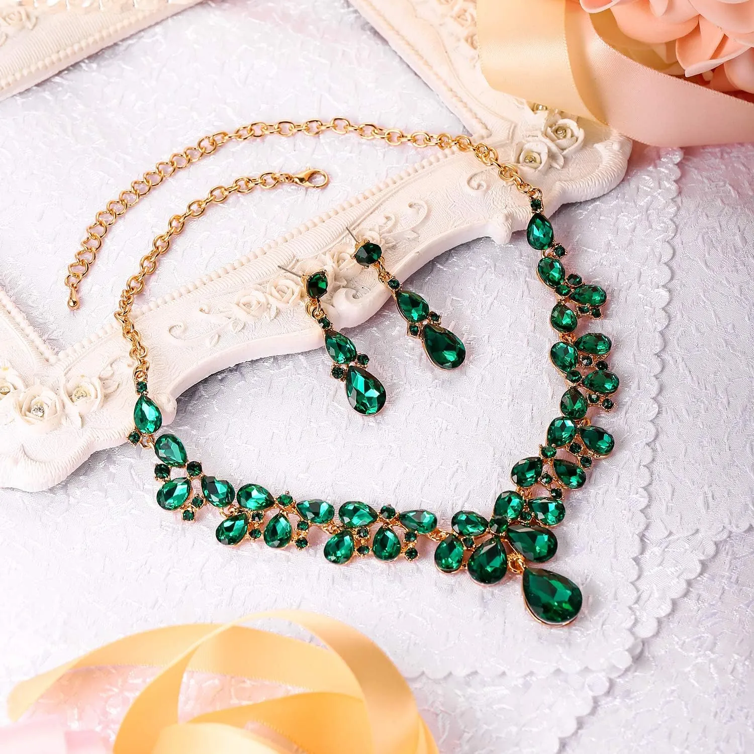 BriLove Women's Wedding Bridal Crystal Teardrop Cluster Statement Necklace Dangle Earrings Set