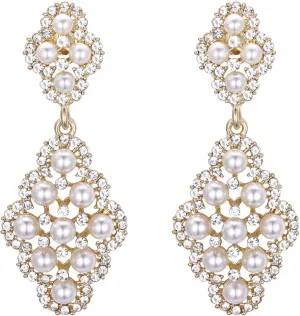 BriLove Women's Wedding Bridal Rhombus Crystal Simulated Pearl Hollow Chandelier Clip-On Dangle Earrings