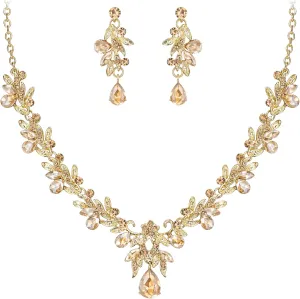 BriLove Women's Wedding Jewelery Set Leaf Flower Crystal Teardrop Marquise Cluster Pendant Necklace Dangle Earrings for Bridal Party