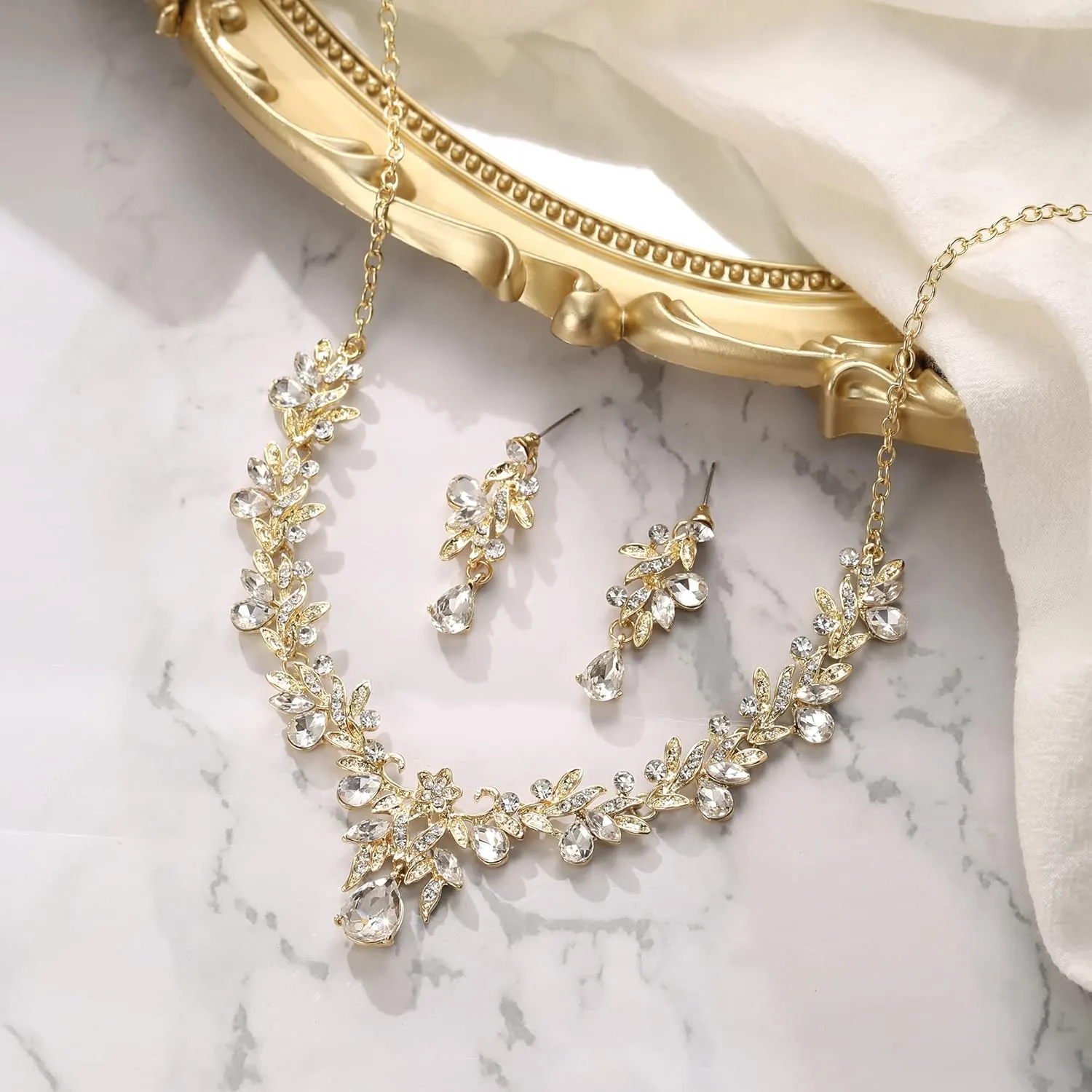 BriLove Women's Wedding Jewelery Set Leaf Flower Crystal Teardrop Marquise Cluster Pendant Necklace Dangle Earrings for Bridal Party