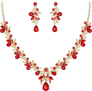 BriLove Women's Wedding Jewelery Set Leaf Flower Crystal Teardrop Marquise Cluster Pendant Necklace Dangle Earrings for Bridal Party