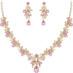 BriLove Women's Wedding Jewelery Set Leaf Flower Crystal Teardrop Marquise Cluster Pendant Necklace Dangle Earrings for Bridal Party