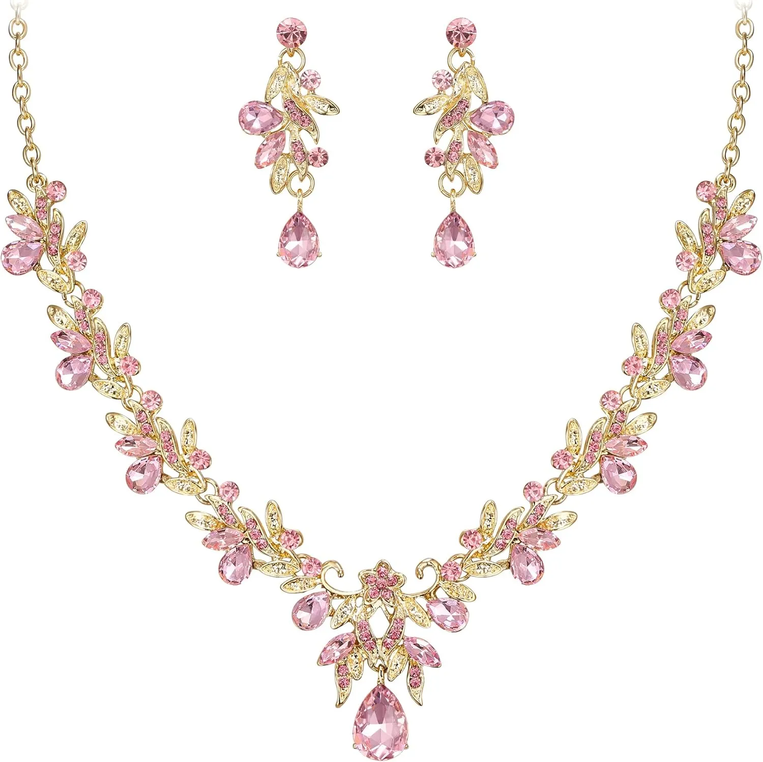BriLove Women's Wedding Jewelery Set Leaf Flower Crystal Teardrop Marquise Cluster Pendant Necklace Dangle Earrings for Bridal Party
