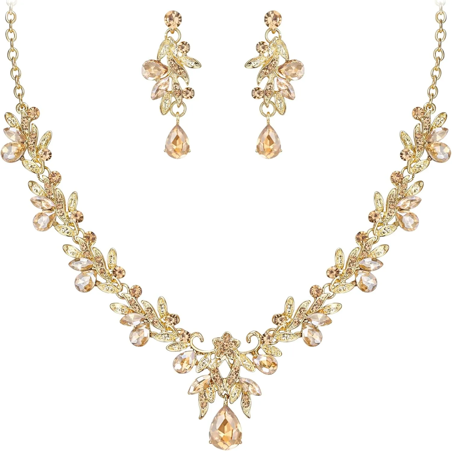 BriLove Women's Wedding Jewelery Set Leaf Flower Crystal Teardrop Marquise Cluster Pendant Necklace Dangle Earrings for Bridal Party