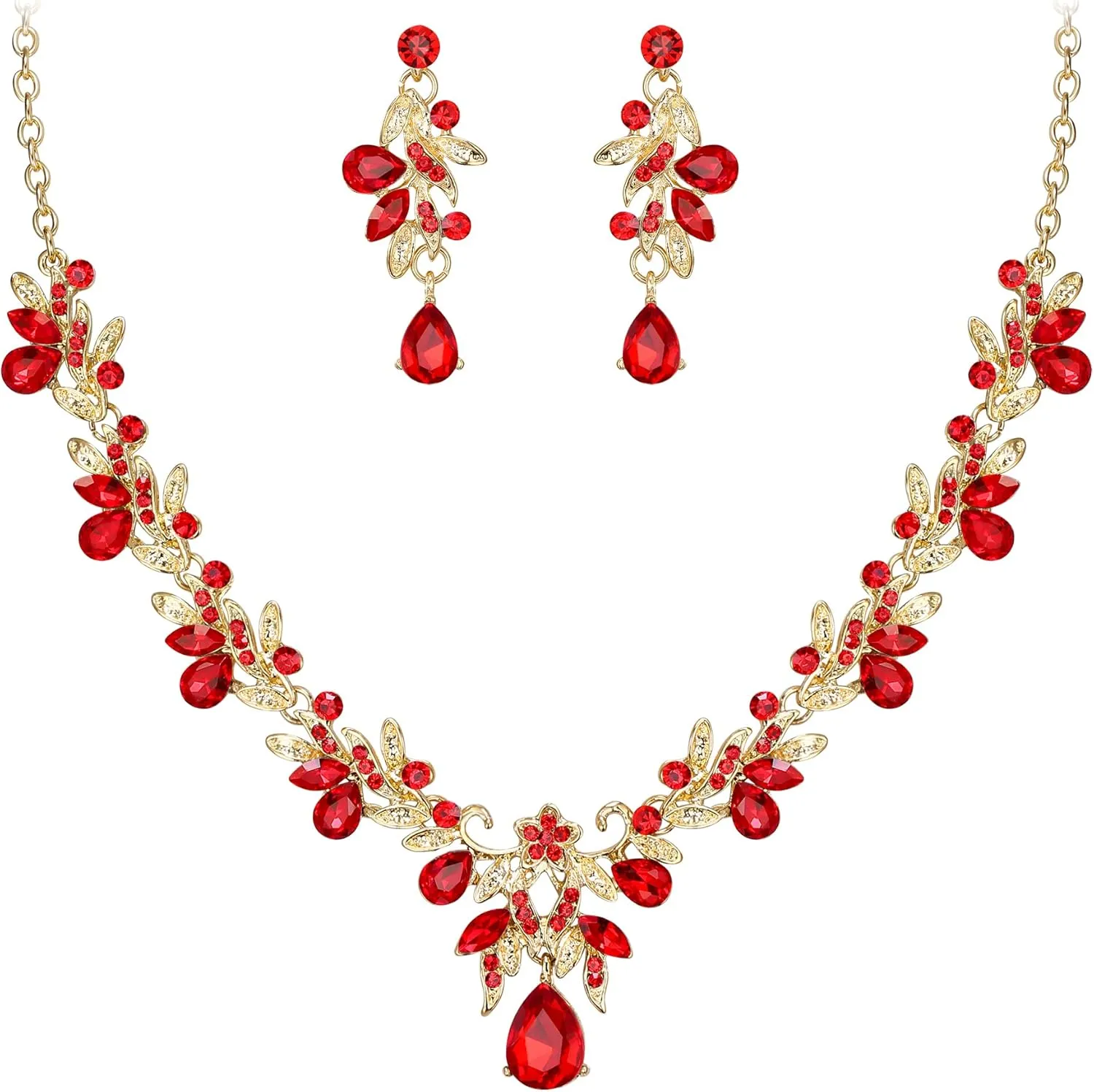 BriLove Women's Wedding Jewelery Set Leaf Flower Crystal Teardrop Marquise Cluster Pendant Necklace Dangle Earrings for Bridal Party