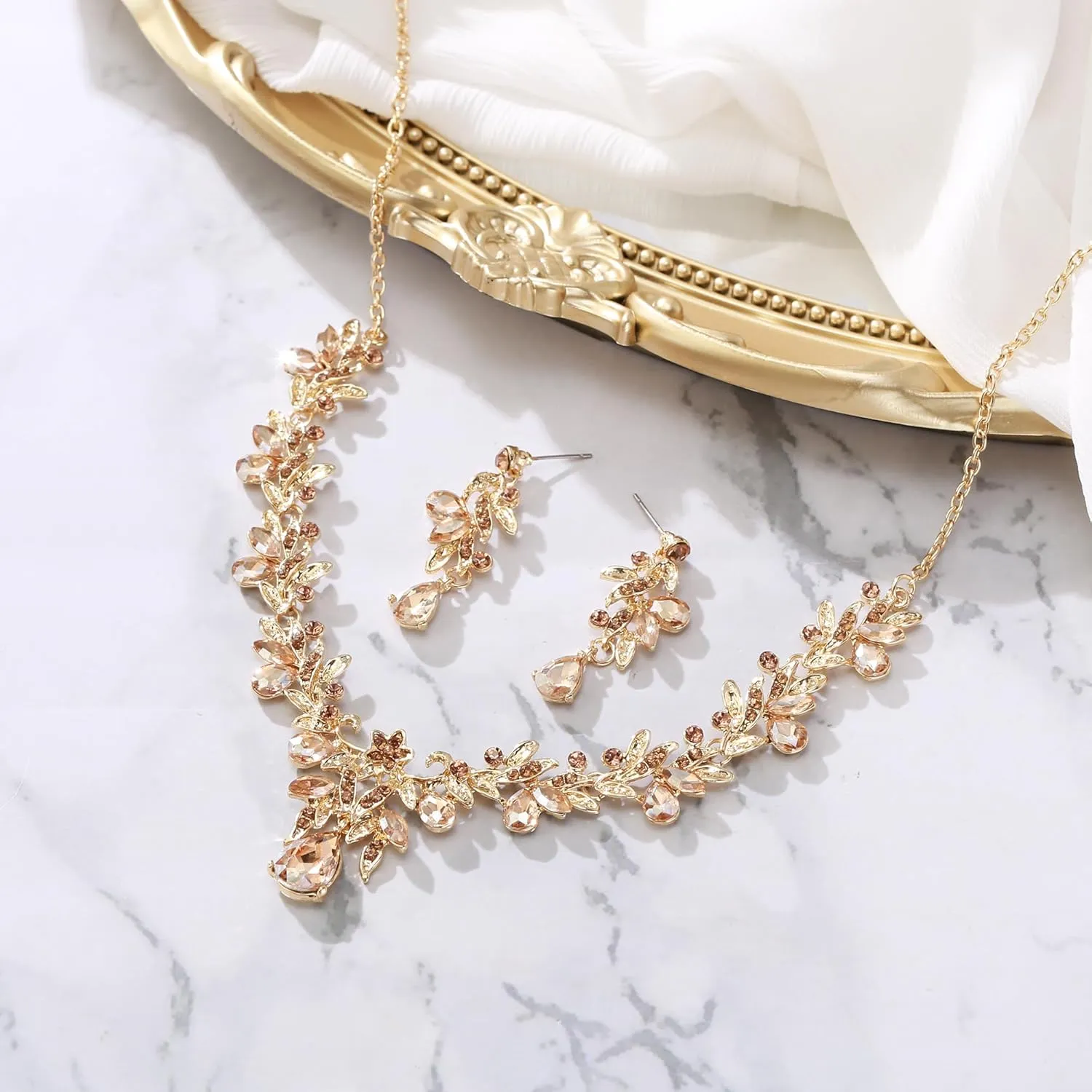 BriLove Women's Wedding Jewelery Set Leaf Flower Crystal Teardrop Marquise Cluster Pendant Necklace Dangle Earrings for Bridal Party