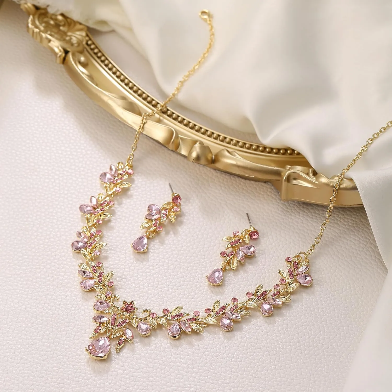 BriLove Women's Wedding Jewelery Set Leaf Flower Crystal Teardrop Marquise Cluster Pendant Necklace Dangle Earrings for Bridal Party