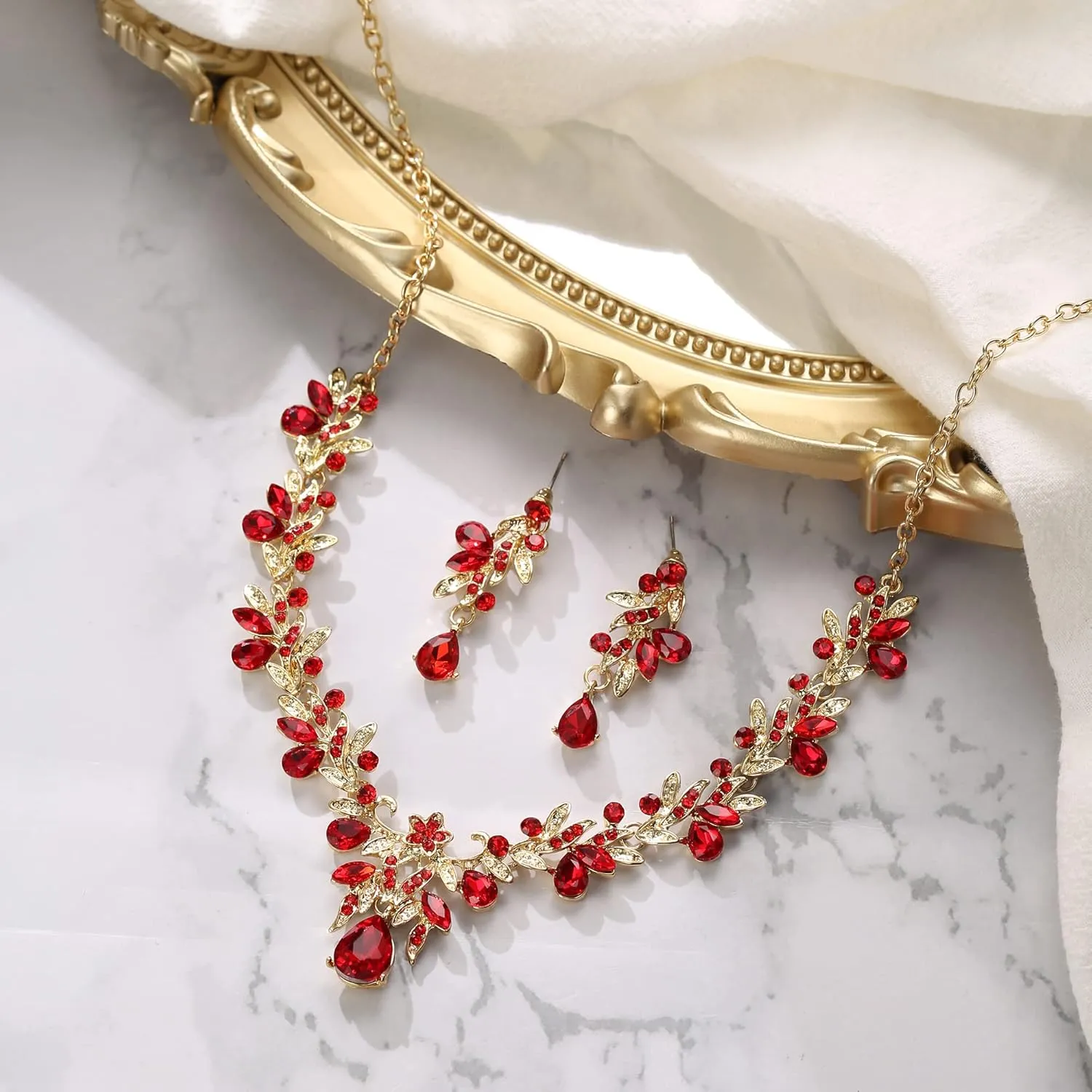BriLove Women's Wedding Jewelery Set Leaf Flower Crystal Teardrop Marquise Cluster Pendant Necklace Dangle Earrings for Bridal Party