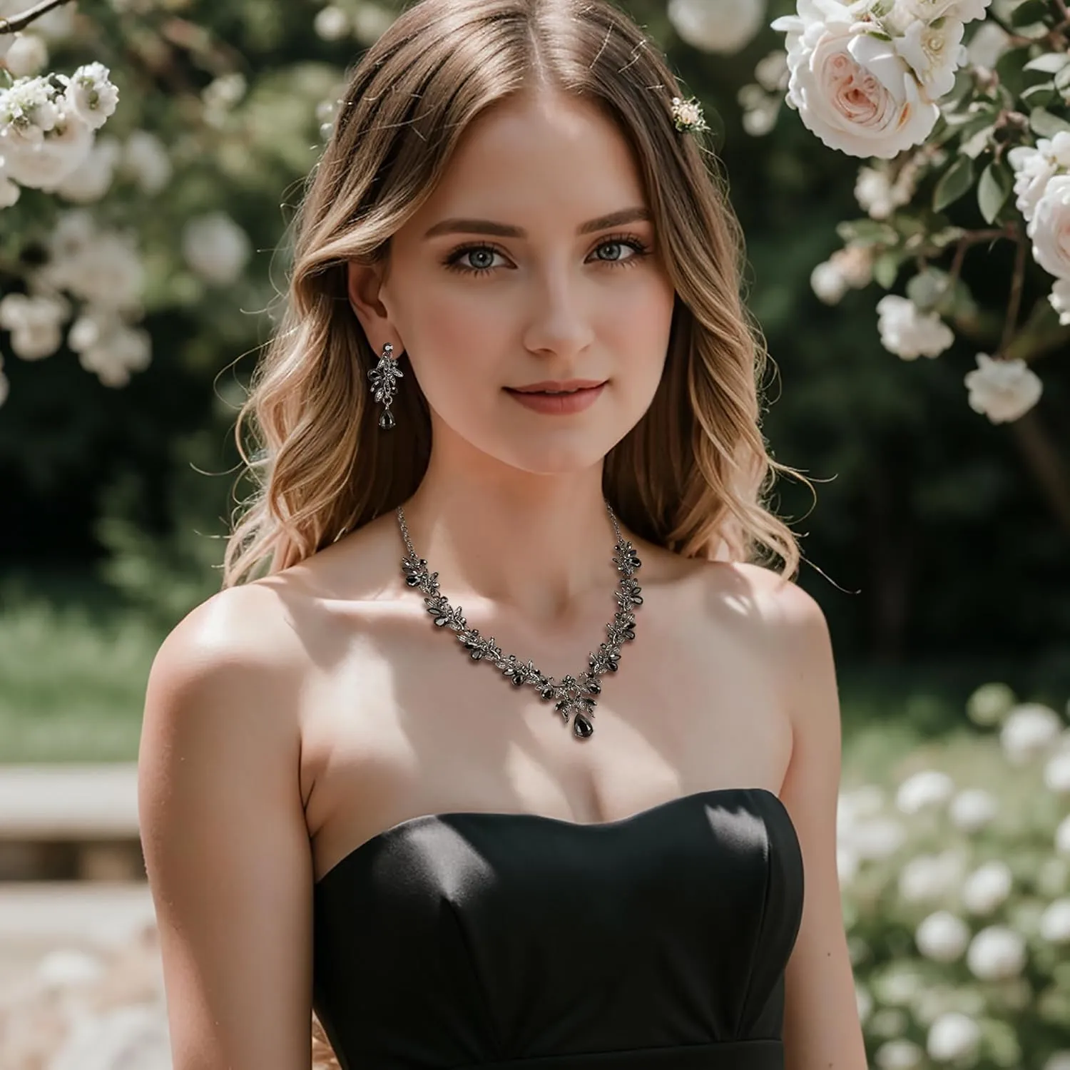 BriLove Women's Wedding Jewelery Set Leaf Flower Crystal Teardrop Marquise Cluster Pendant Necklace Dangle Earrings for Bridal Party