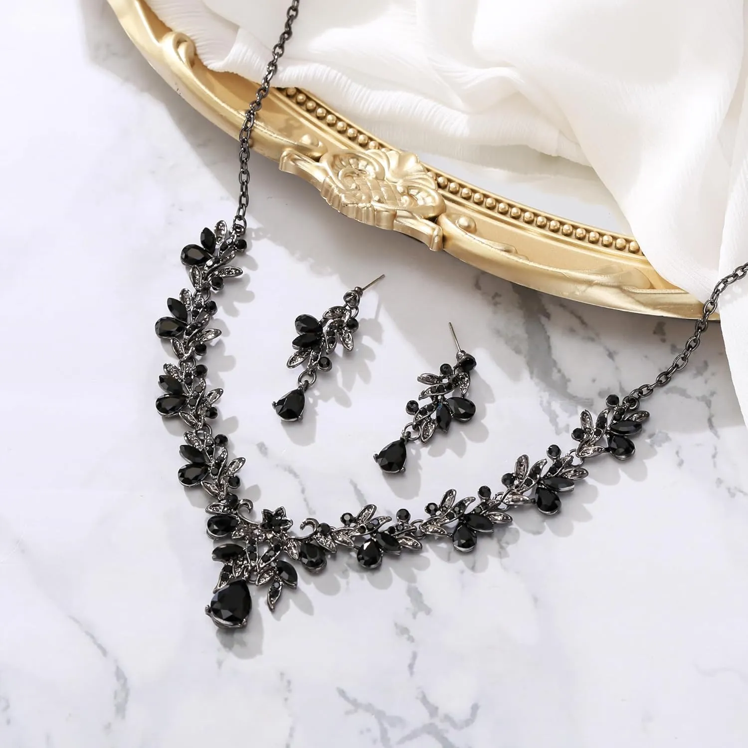 BriLove Women's Wedding Jewelery Set Leaf Flower Crystal Teardrop Marquise Cluster Pendant Necklace Dangle Earrings for Bridal Party