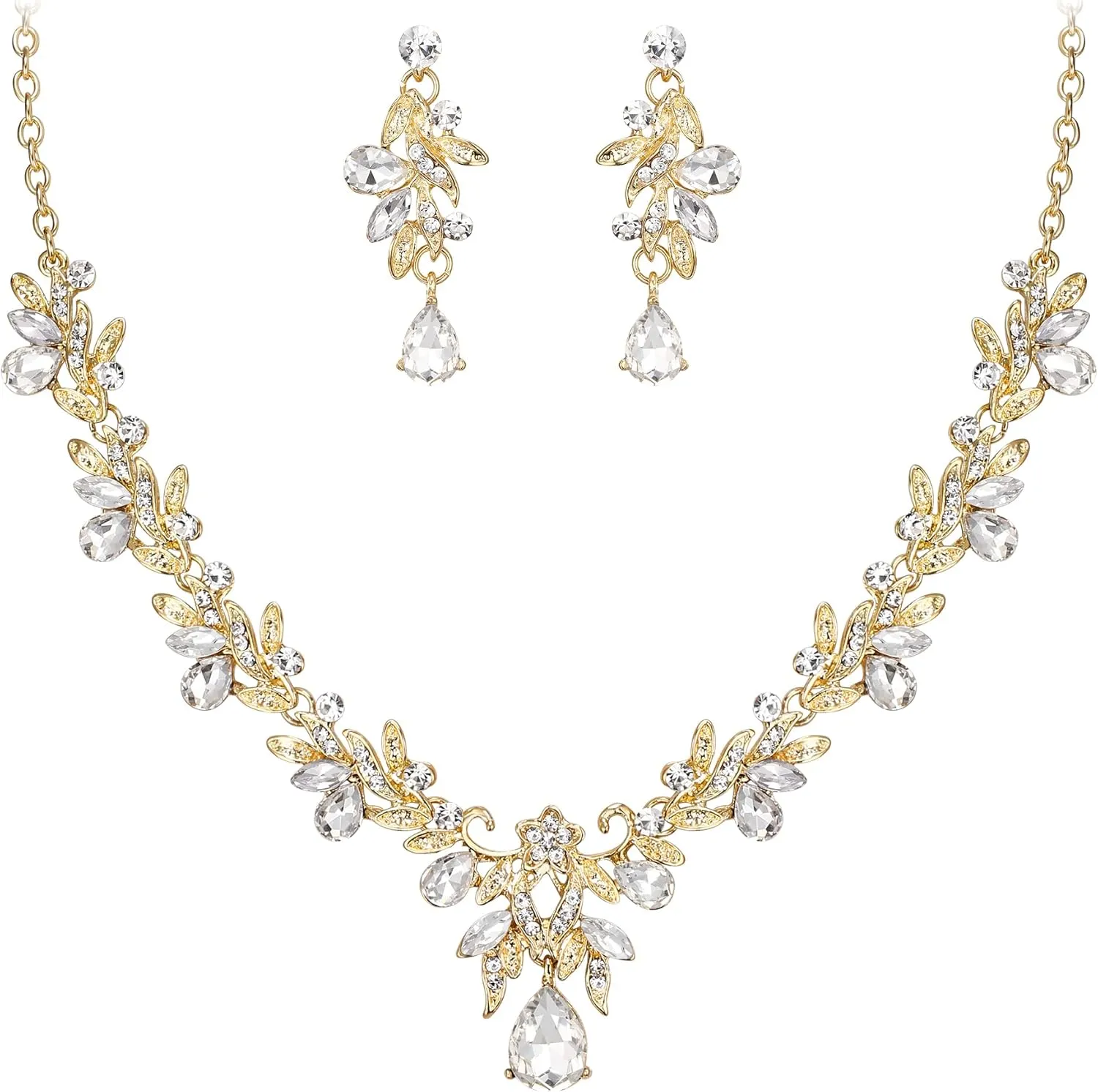 BriLove Women's Wedding Jewelery Set Leaf Flower Crystal Teardrop Marquise Cluster Pendant Necklace Dangle Earrings for Bridal Party