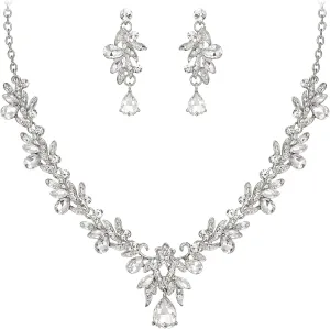 BriLove Women's Wedding Jewelery Set Leaf Flower Crystal Teardrop Marquise Cluster Pendant Necklace Dangle Earrings for Bridal Party