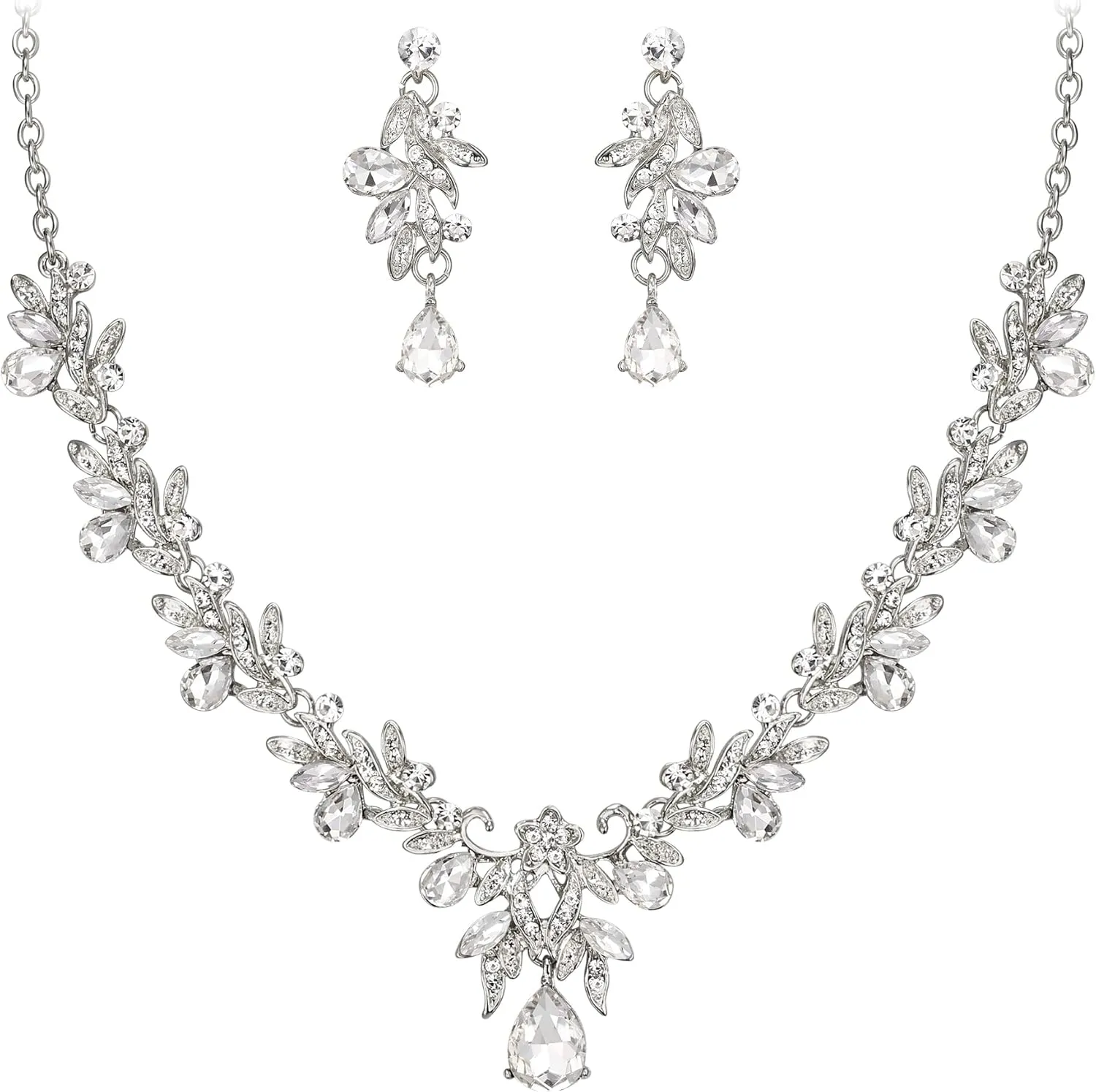 BriLove Women's Wedding Jewelery Set Leaf Flower Crystal Teardrop Marquise Cluster Pendant Necklace Dangle Earrings for Bridal Party