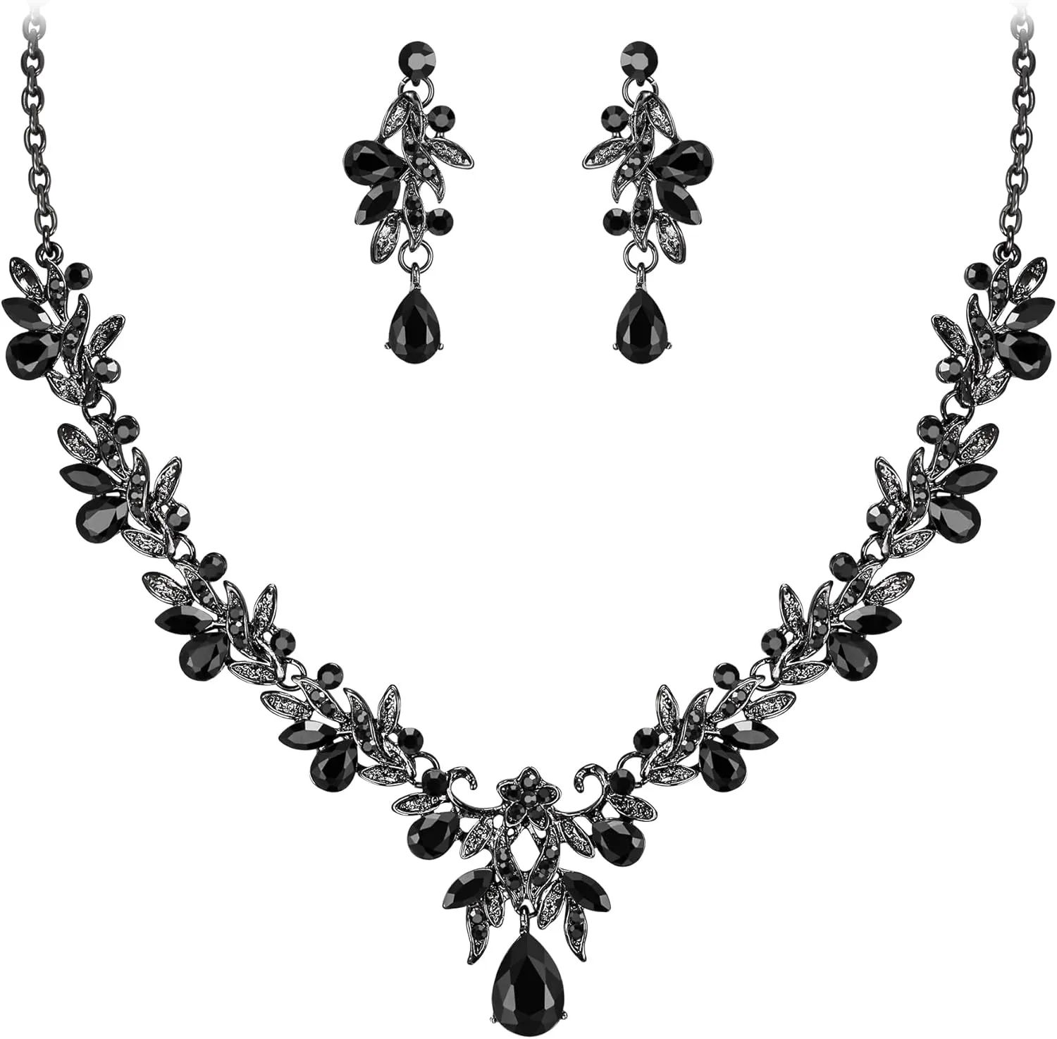 BriLove Women's Wedding Jewelery Set Leaf Flower Crystal Teardrop Marquise Cluster Pendant Necklace Dangle Earrings for Bridal Party