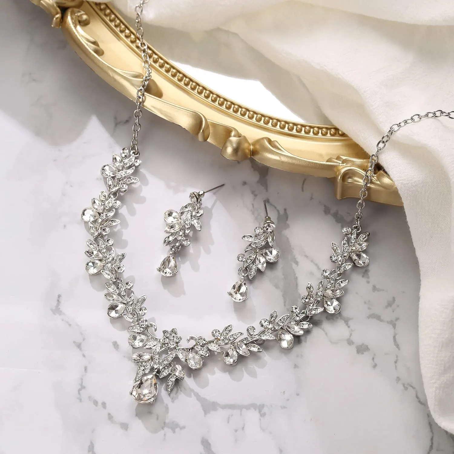 BriLove Women's Wedding Jewelery Set Leaf Flower Crystal Teardrop Marquise Cluster Pendant Necklace Dangle Earrings for Bridal Party