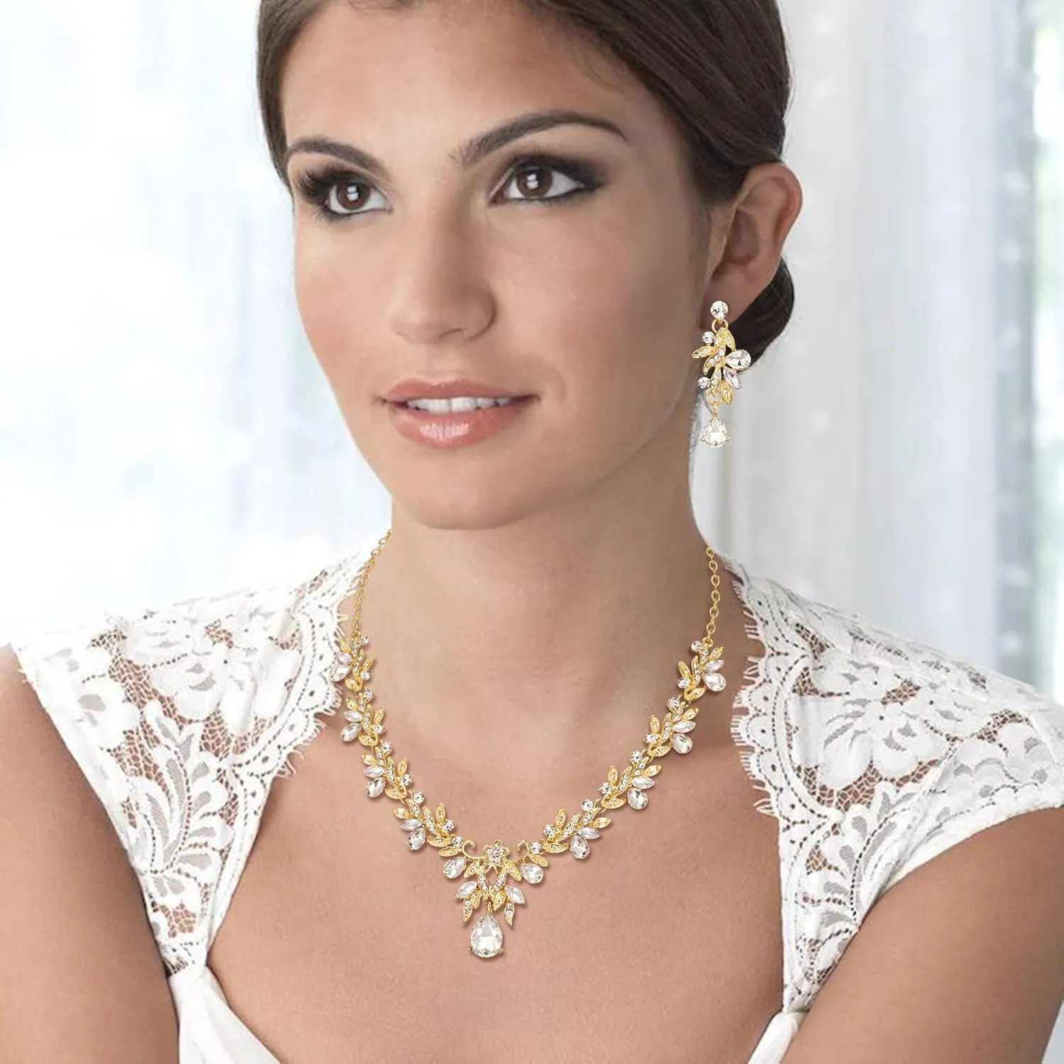 BriLove Women's Wedding Jewelery Set Leaf Flower Crystal Teardrop Marquise Cluster Pendant Necklace Dangle Earrings for Bridal Party