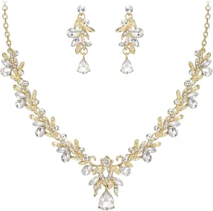BriLove Women's Wedding Jewelery Set Leaf Flower Crystal Teardrop Marquise Cluster Pendant Necklace Dangle Earrings for Bridal Party