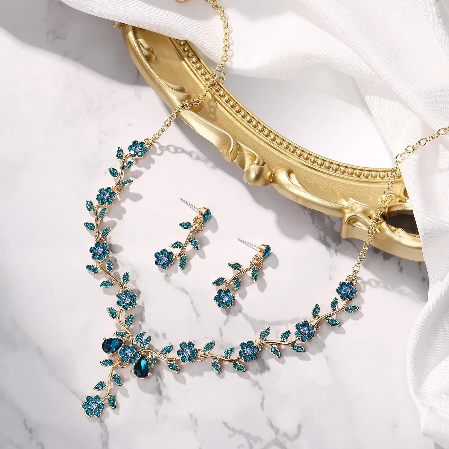 BriLove Women's Wedding Jewelry Leaf Cluster Flower Crystal Dangle Earrings Pendant Necklace Set for Bridal