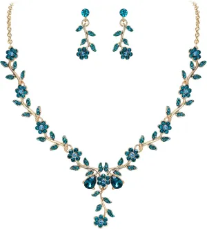 BriLove Women's Wedding Jewelry Leaf Cluster Flower Crystal Dangle Earrings Pendant Necklace Set for Bridal